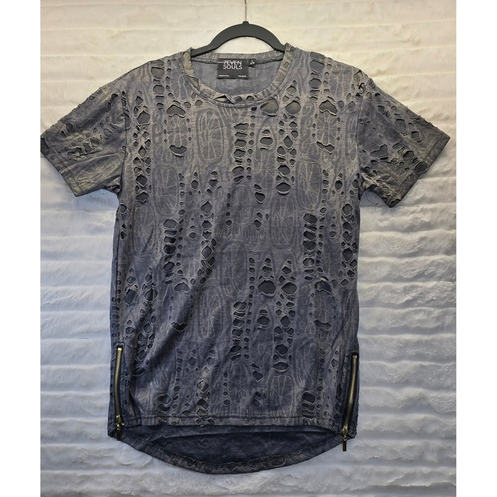 7even Souls Distressed Side Zip Mens‎ T-Shirt L Grey Gold Streetwear NEW